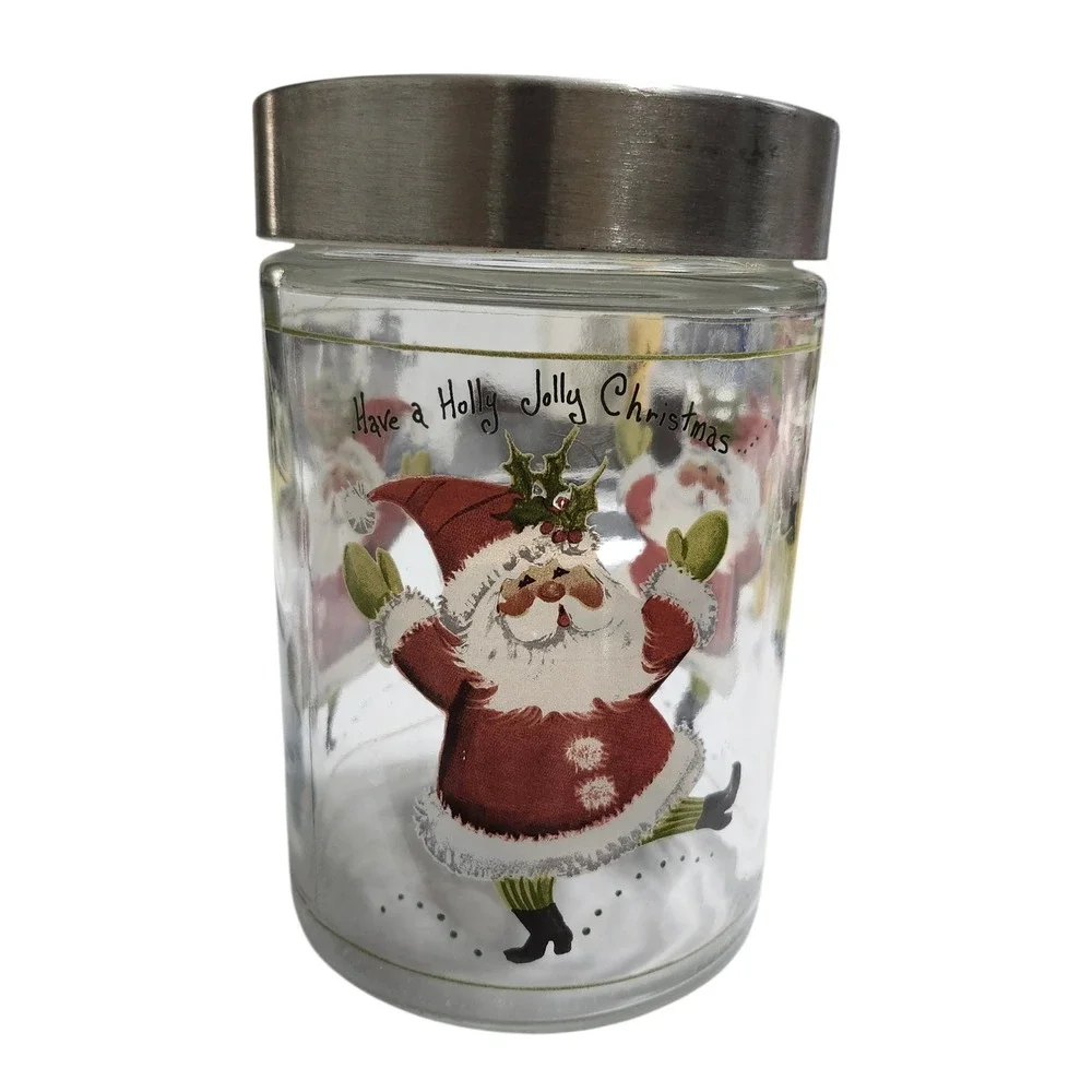 Vintage Holly Jolly‎ Christmas Dancing Santa Glass Canister Jar 6.5 x 4.5 Silver